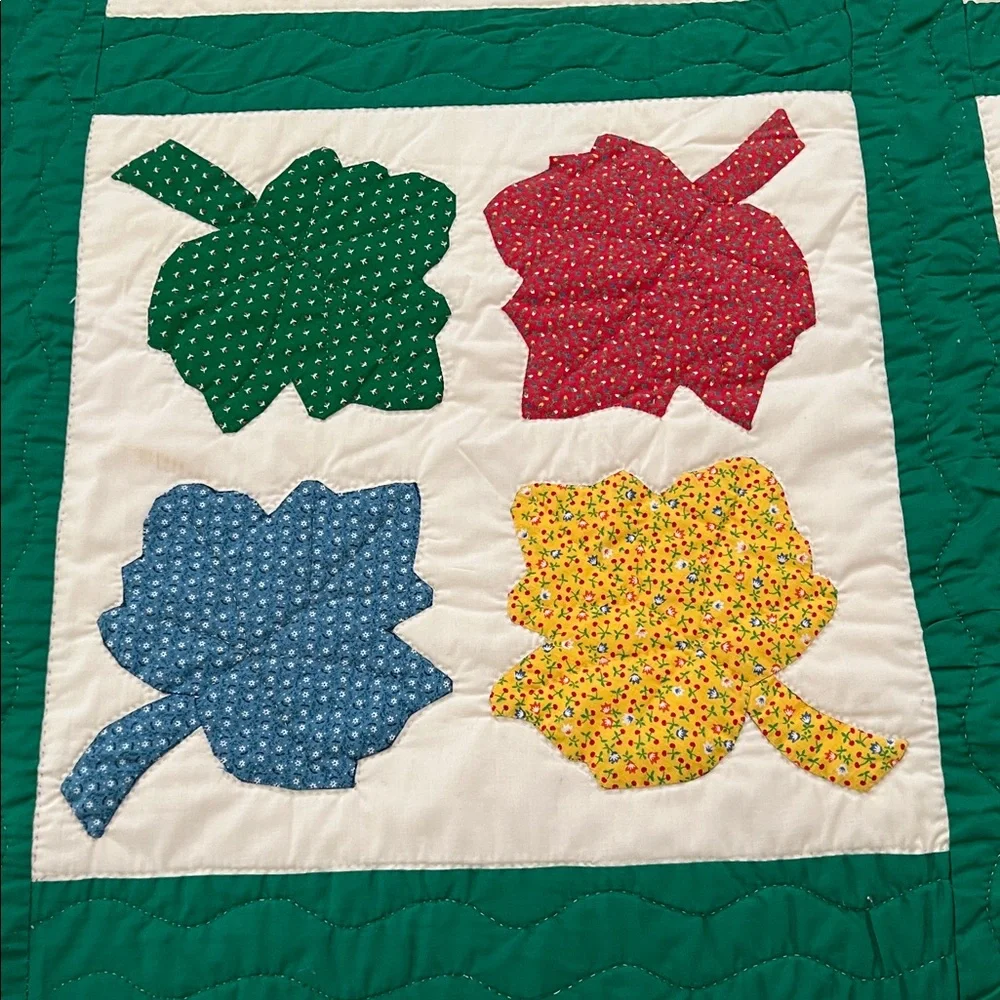 Vintage Colorful Leaf Pattern Quilt needs to be laundered see photos of spots